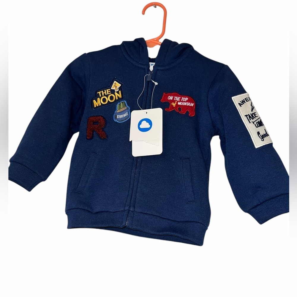 Mayoral Navy Zip Hoodie Colorful Patches Sz 12m moon mountains outdoor NWT